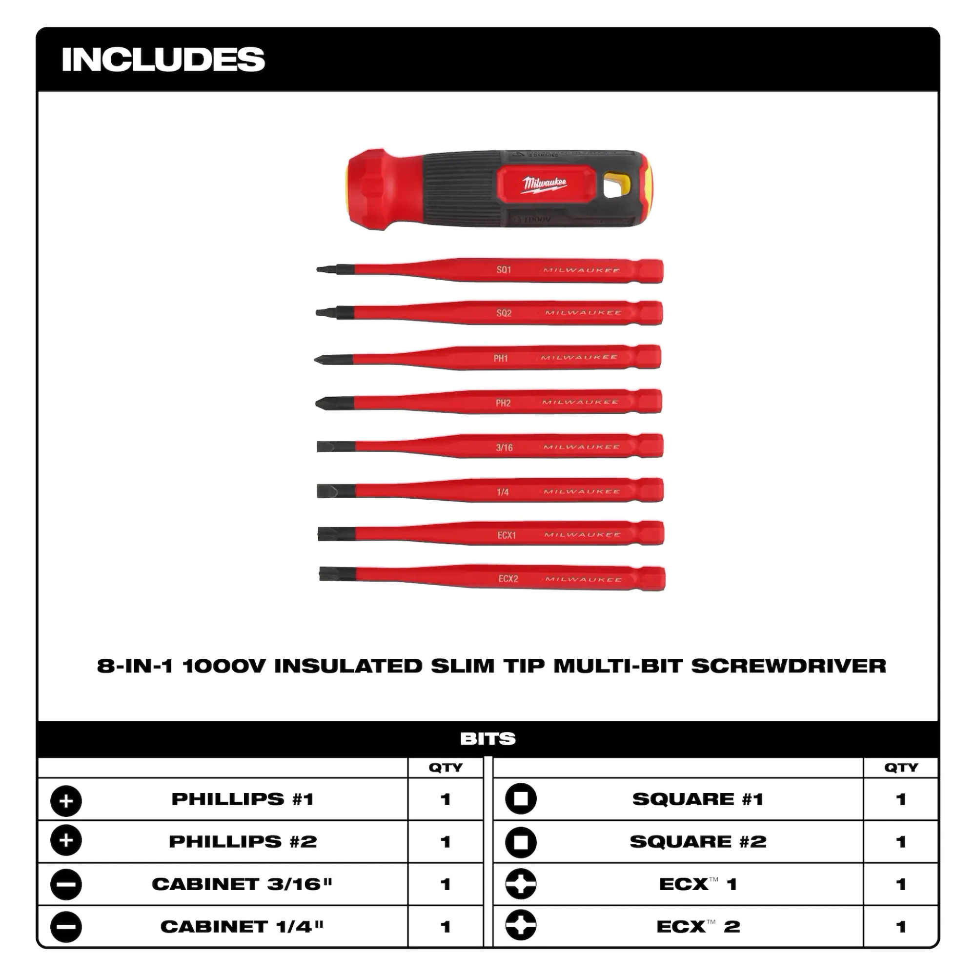Milwaukee Electric Tool 8-in-1 1000V Insulated Slim Tip Multi-Bit Screwdriver from Columbia Safety